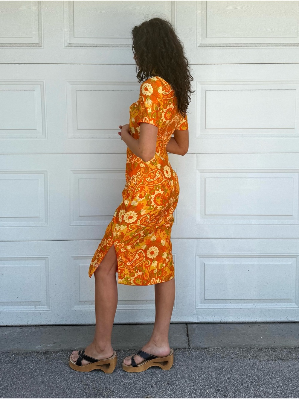 Vintage 60s Orange Raw Silk Floral Midi Dress Cheongsam with Jacket - Picture 7 of 17